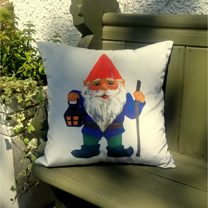 Gnome cushion on a garden bench