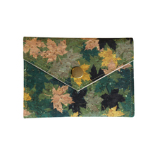 Load image into Gallery viewer, Gold leaf cork purse in greens, golds and neutral shades with a bronze coloured metal fastener.
