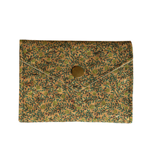 Load image into Gallery viewer, A vine patterned  cork purse with green and brown coloured vines and finished with a bronze coloured metal fastener.
