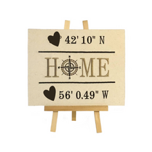 Load image into Gallery viewer, Home Compass GPS Personalised embroidered art on a wooden easel
