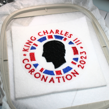 Load image into Gallery viewer, King Charles Coronation Keepsake Hanger completed stitching
