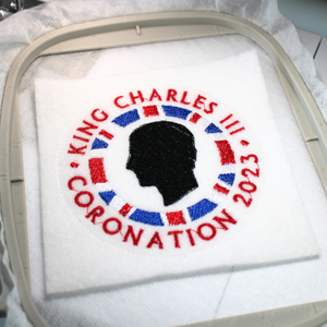 King Charles Coronation Keepsake Hanger completed stitching