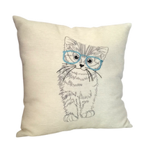 Load image into Gallery viewer, Kitten cushion with blue glasses

