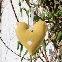 Load image into Gallery viewer, Lavender heart in yellow polka dot fabric
