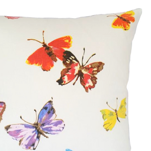 Multi coloured butterflies cushion close up view top right corner