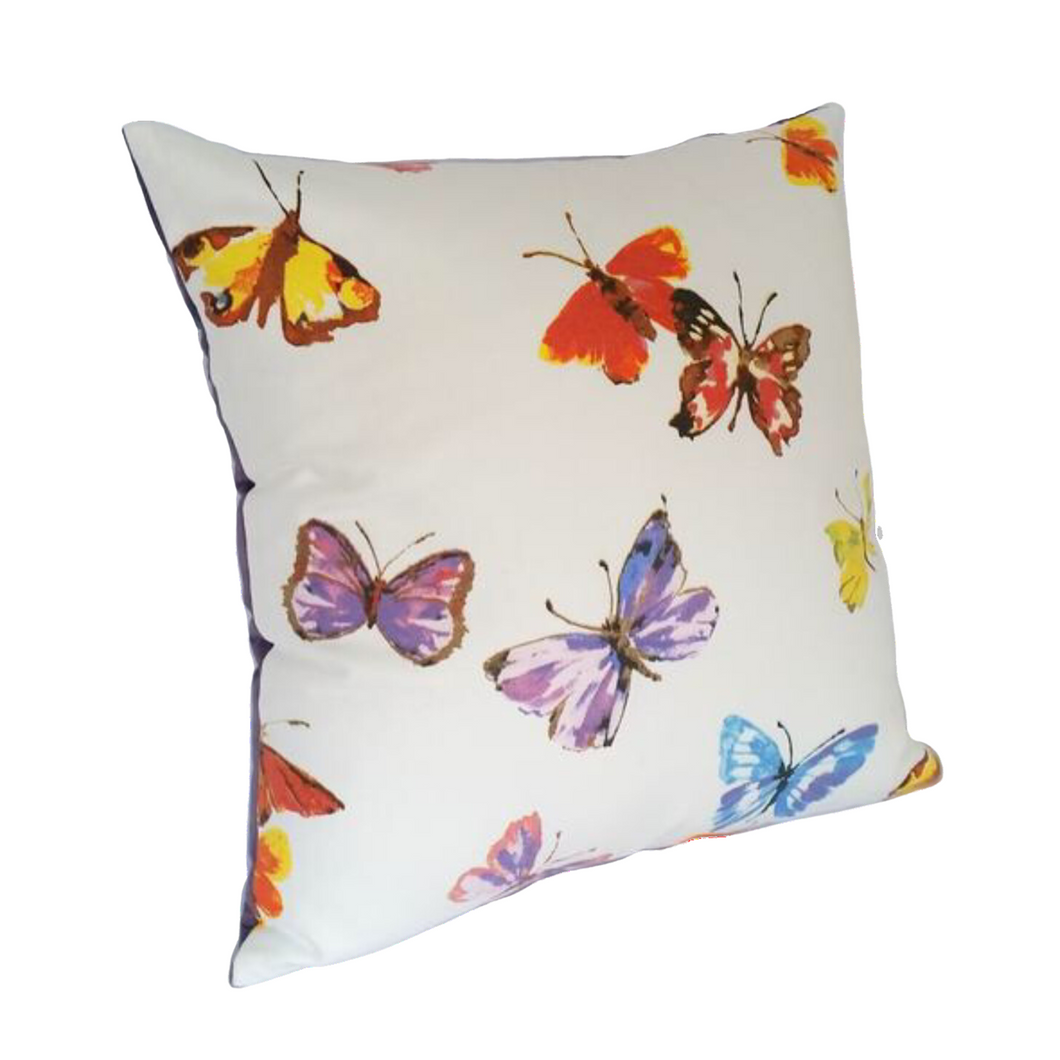 Multi coloured butterflies cushion left side view