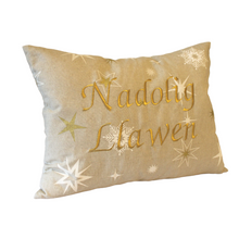 Load image into Gallery viewer, Nadolig Llawen cushion in gold left side view
