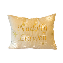 Load image into Gallery viewer, Nadolig Llawen cushion in gold
