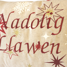 Load image into Gallery viewer, Nadolig Llawen cushion in red close up of stitching
