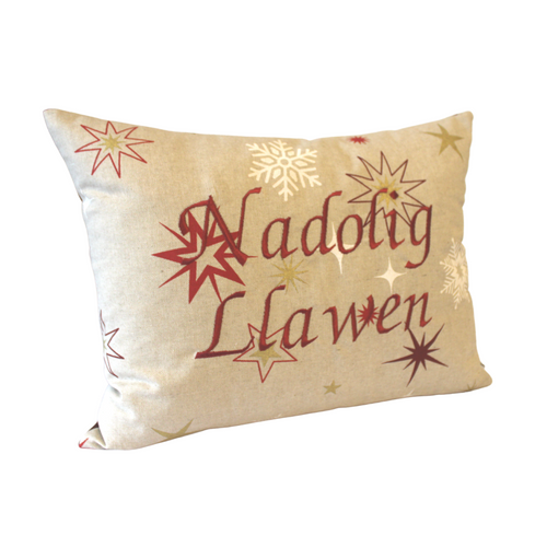 Nadolig Llawen cushion in red left side view