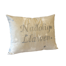 Load image into Gallery viewer, Nadolig Llawen cushion in silver left side view
