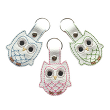 Load image into Gallery viewer, Owl keyfobs in blue, pink and green on white faux leather with metal rivet and split ring
