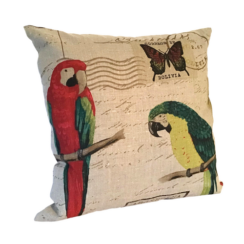 Parrot cushion with one red parrot and one green and yellow parrot
