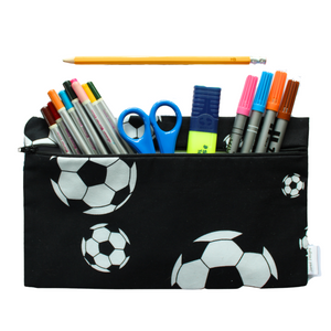 Pencil case in black and white football fabric with stationary