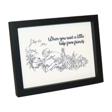 Load image into Gallery viewer, Pooh and friends embroidered art in a black frame left side view
