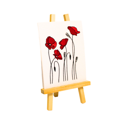 Poppies Embroidered Art on an easel