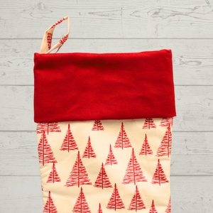 red Christmas tree stocking with red cuff