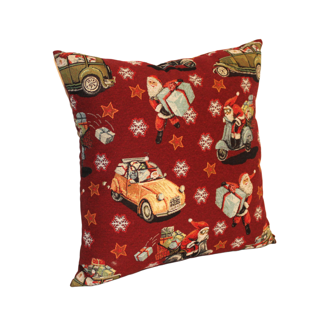 Santa on Tour Tapestry style cushion left side view