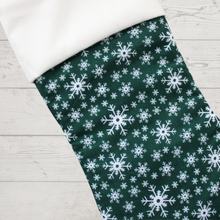 Load image into Gallery viewer, Snowflake Christmas stocking in green with white cuff
