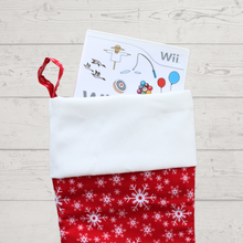 Load image into Gallery viewer, Snowflake Christmas stocking in red with a Wii game
