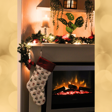 Load image into Gallery viewer, Snow globe Christmas stocking hanging over a fireplace
