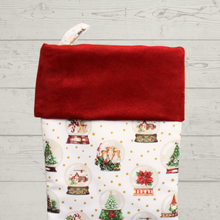 Load image into Gallery viewer, Snow globe Christmas stocking with deep red cuff
