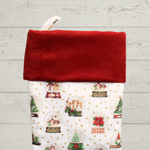 Snow globe Christmas stocking with deep red cuff
