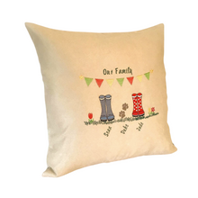 Load image into Gallery viewer, Wellie Boots Personalised Family Cushion left side view
