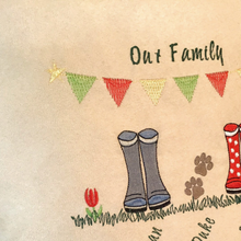 Load image into Gallery viewer, Wellie Boots Personalised Family Cushion close up of stitching
