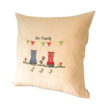 Load image into Gallery viewer, Wellie Boots Personalised Family Cushion right side view
