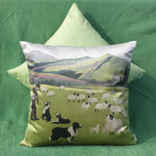 Load image into Gallery viewer, Welsh hillside cushion against a green backdrop
