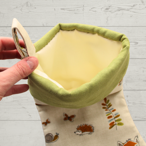 Woodland themed Christmas stocking with cream lining