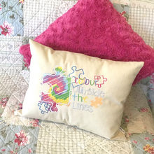 Load image into Gallery viewer, Autism Jigsaw Cushion on sofa with pink cushion
