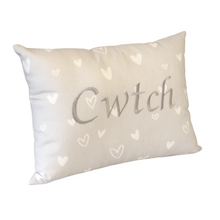 Load image into Gallery viewer, Cwtch Cushion silver hearts left view
