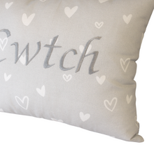 Load image into Gallery viewer, Cwtch Cushion silver hearts right close up
