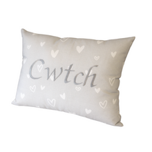 Load image into Gallery viewer, Cwtch Cushion silver hearts right view
