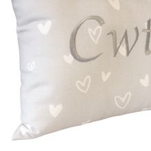 Load image into Gallery viewer, Cwtch Cushion silver hearts left close up
