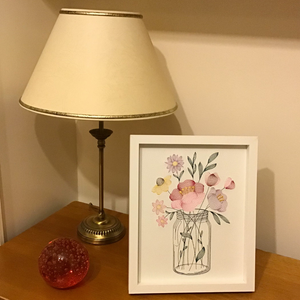 Embroidered Floral Bouquet Artwork on side table with lamp