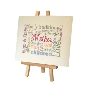 Embroidered Mother Word Art without frame on easel right view