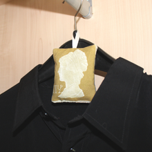 Load image into Gallery viewer, Lavender bag mustard stamp on cost hanger
