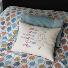 Load image into Gallery viewer, Mother Word Collage cushion on a bed with spotty bed linen in front of a blue cushion
