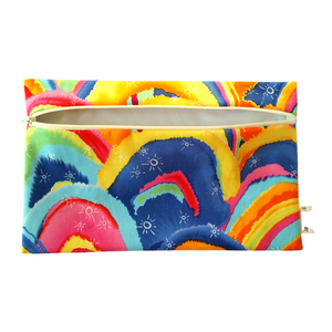 Pencil case fabric in rainbow fabric with cream zip opening