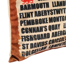 Load image into Gallery viewer, Welsh Towns cushion left close up
