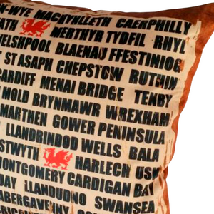 Welsh Towns cushion right close up